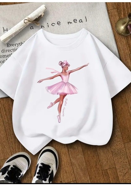 Özel Üretim Balerin Baskılı Yeni Stil Kız Çocuk Ter Tutmayan Yazlık T-Shırt