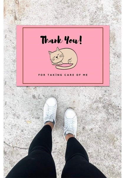 Dijital Baskı Pembe Uyuyan Kedi Desen Kapı Önü Paspası K-1031