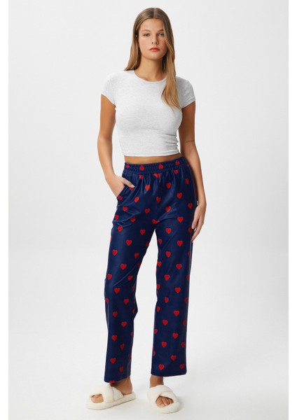Kadın Teddi Ultra Yumuşak Cepli Lacivert Kalp Desen Yılbaşı Pijama Altı