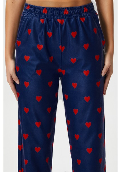 Kadın Teddi Ultra Yumuşak Cepli Lacivert Kalp Desen Yılbaşı Pijama Altı