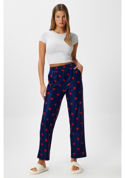 Kadın Teddi Ultra Yumuşak Cepli Lacivert Kalp Desen Yılbaşı Pijama Altı
