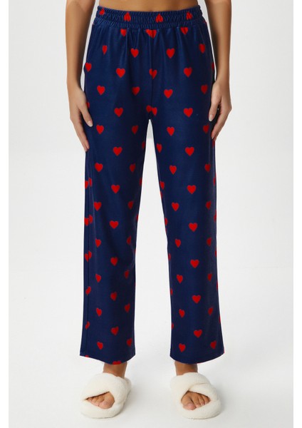 Kadın Teddi Ultra Yumuşak Cepli Lacivert Kalp Desen Yılbaşı Pijama Altı