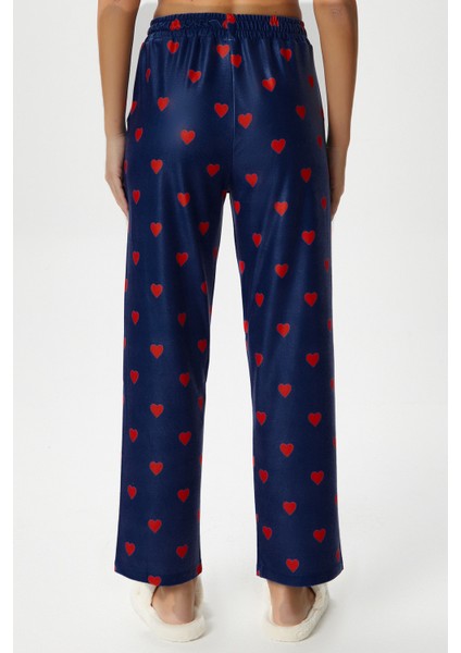 Kadın Teddi Ultra Yumuşak Cepli Lacivert Kalp Desen Yılbaşı Pijama Altı