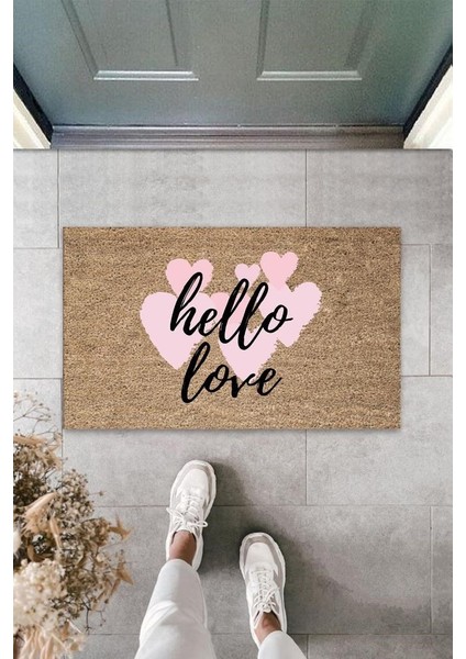 Pembe Kapı Önü Paspası Hello Love Desen K-3291