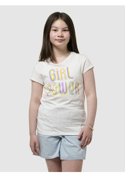 Kız Çocuk Kırık Beyaz Grafik T-Shirt