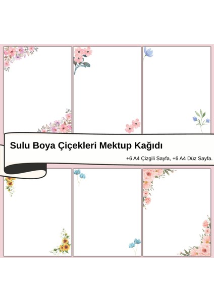 Sulu Boya Çiçekleri Mektup Not Kağıdı, +6 Düz Kağıt +6 Çizgili Kağıt (A4 Boyut)