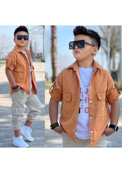 Cep ve Kol Detaylı Düğmeli Ceket Baskılı Tişört ve Kargo Pantolon 3 Parça Erkek Çocuk TAKIM-589274601