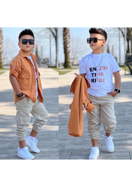 Cep ve Kol Detaylı Düğmeli Ceket Baskılı Tişört ve Kargo Pantolon 3 Parça Erkek Çocuk TAKIM-589274601 fiyatları