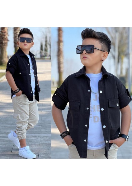Cep ve Kol Detaylı Düğmeli Ceket Baskılı Tişört ve Kargo Pantolon 3 Parça Erkek Çocuk TAKIM-589274601