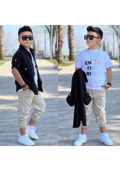 Cep ve Kol Detaylı Düğmeli Ceket Baskılı Tişört ve Kargo Pantolon 3 Parça Erkek Çocuk TAKIM-589274601 fiyatları