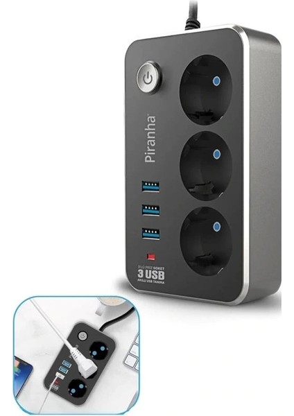 Isıya Dayanıklı Termal Akım Korumalı 2 mt 10A 2500W 3lü Priz ve 3 Usbi 2.1A Uzatma Kablosu (5047)