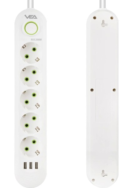 5li 1.5 Metre Kablolu 3 Usbli Beyaz Akım Korumalı Priz (5047)