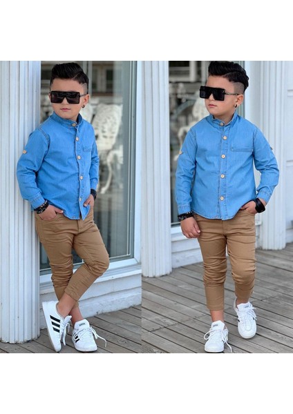 Hakim Yaka Denım Gömlek & Gabardin Pantolon Erkek Çocuk 2’li Takım modelleri