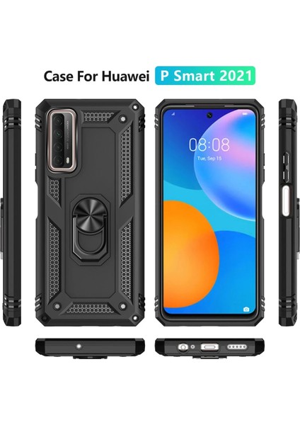 Huawei P Smart 2021 Kılıf Sofya Yüzüklü Silikon Kapak - Siyah Glstd