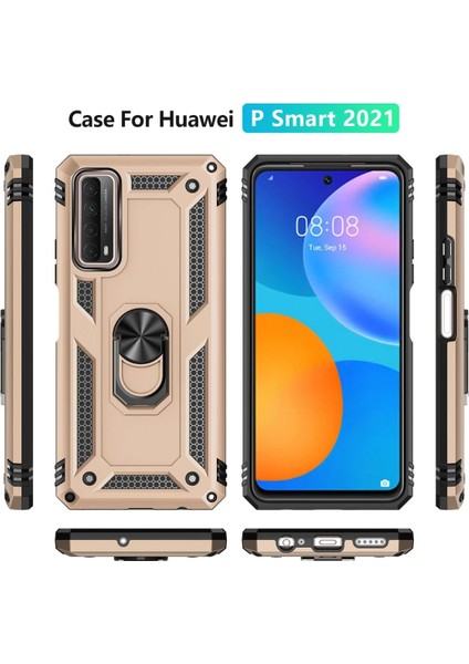Huawei P Smart 2021 Kılıf Sofya Yüzüklü Silikon Kapak - Gold Glstd