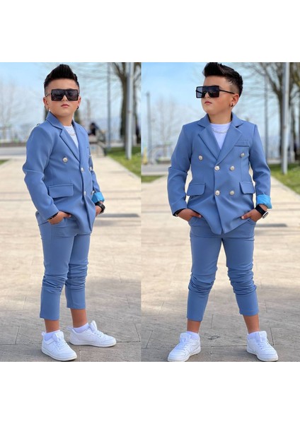 4 Parça 6 Düğmeli Ceketli Erkek Çocuk Takım Elbise - Beyaz Tshırt