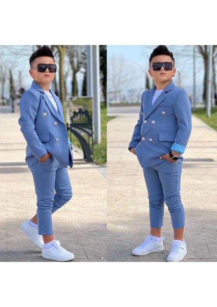 4 Parça 6 Düğmeli Ceketli Erkek Çocuk Takım Elbise - Beyaz Tshırt modelleri