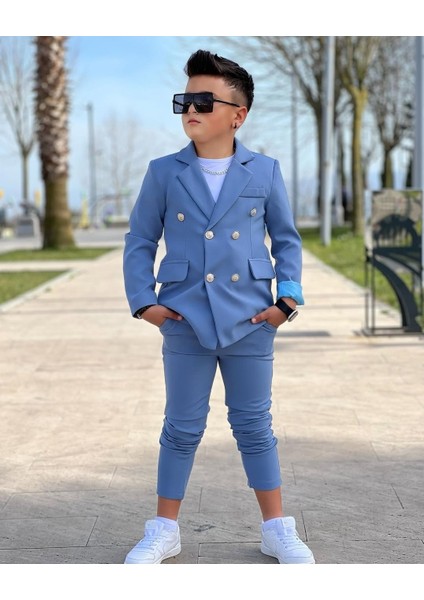 4 Parça 6 Düğmeli Ceketli Erkek Çocuk Takım Elbise - Beyaz Tshırt fırsatları