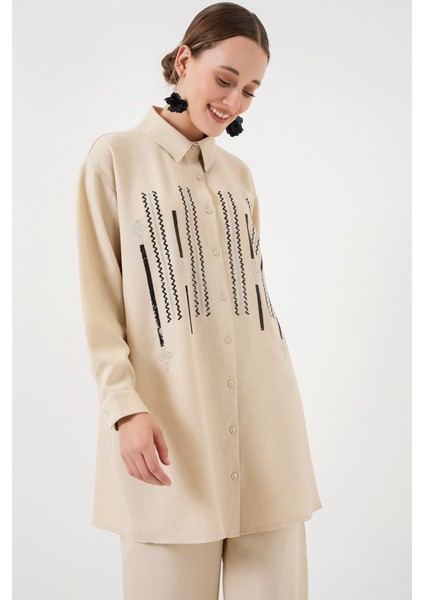 Desenli Tunik Pantolon Ikili Takım 6720 - Krem