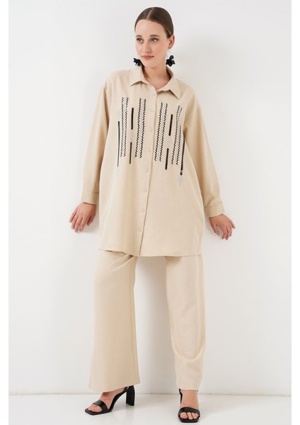 Desenli Tunik Pantolon Ikili Takım 6720 - Krem