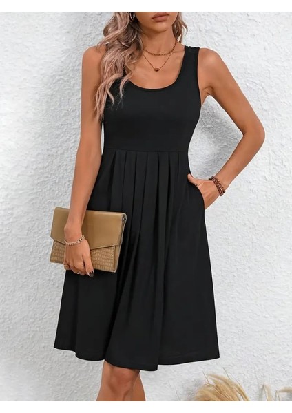 Kadın Askılı Yuvarlak Yaka Önden Pileli Viskon Elbise