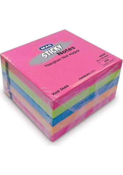 3666 Neon 5 Renk 76X76 400 Yaprak Yapışkanlı Not Kağıdı