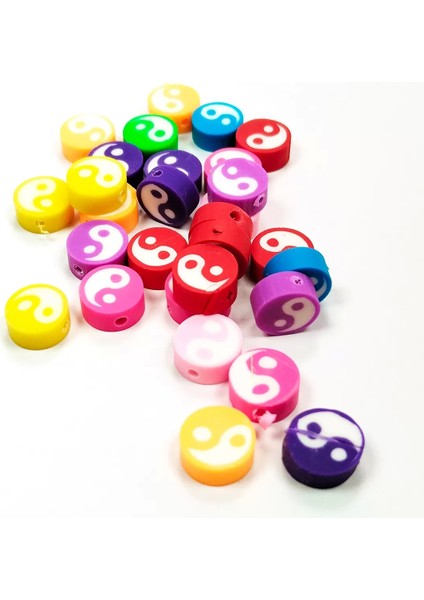 90 Adet 10 mm Polimer Kil Fimo Boncuk Takı Bileklik + 5 Metre Misina Hediye - Yin Yang - Karışık - Limon