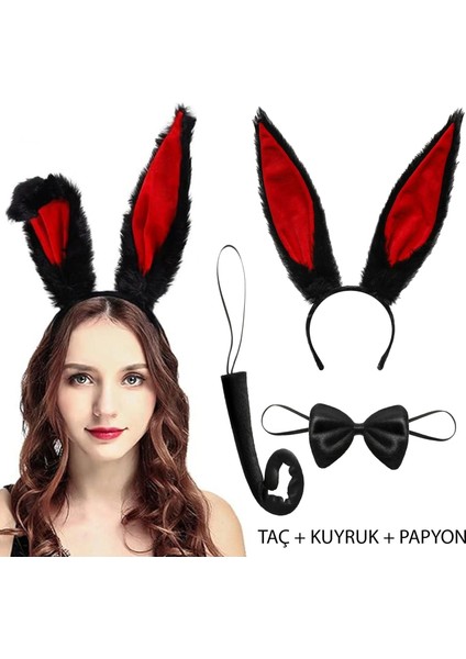 Siyah Kırmızı Renk Peluş Tavşan Kulak Papyon Kuyruk Yetişkin Boy (5047)