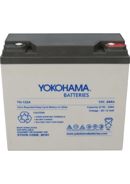 Yokohama YH-1224 12 Volt - 24 Amper Elektrikli Bisiklet Aküsü (180 x 76 x 167 Mm)