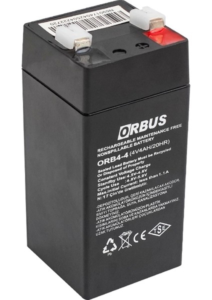 Orbus Orb4-4 4 Volt - 4 Amper Dik Akü (45 x 45 x 100 Mm)