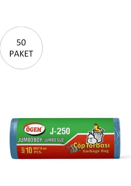 J-250 Jumbo Boy Çöp Torbası 80 x 110 cm 10 Lu Rulo x 50 Paket = 500 Adet (Mavi)