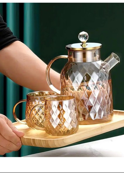 Kabartmalı Bambu Kapaklı Borosilikat Cam Demlik 1500ML NEMERE-CM-2005