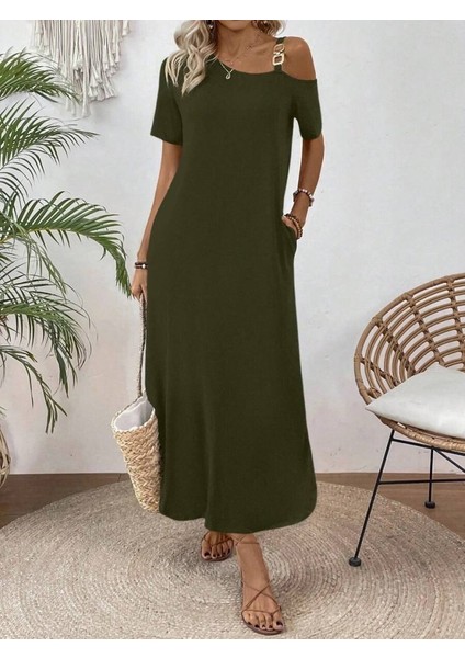 Kadın Tek Omuzdan Açık Toka Detaylı Yandan Yırtmaçlı Maksi Boy Viskon Elbise