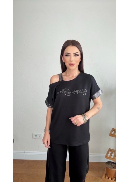 Kadın Kristal Kumaş Omuz Dekolteli Siyah Takım