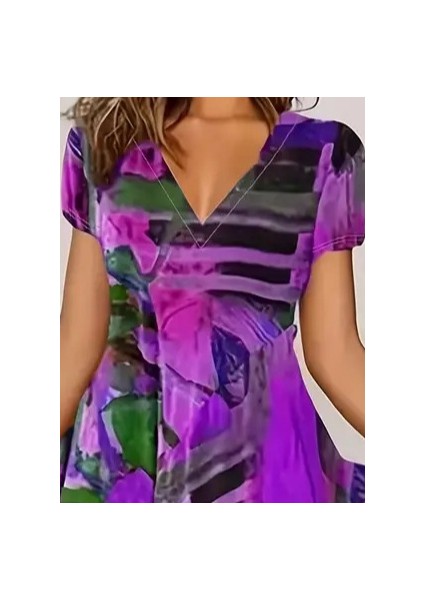 Kadın Kısa Kollu V Yaka Renkli Karışık Desen Kloş Süprem Midi Elbise fiyatları