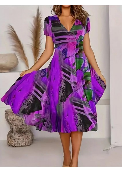 Kadın Kısa Kollu V Yaka Renkli Karışık Desen Kloş Süprem Midi Elbise modelleri