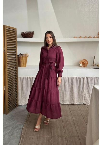 Bordo Çizgi Desenli Uzun Elbise