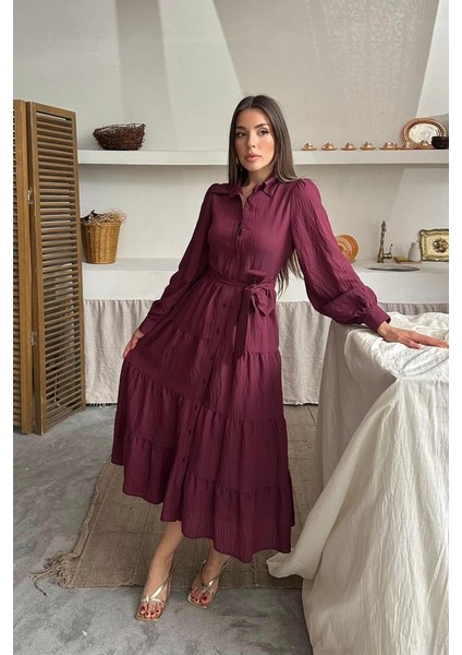 Bordo Çizgi Desenli Uzun Elbise