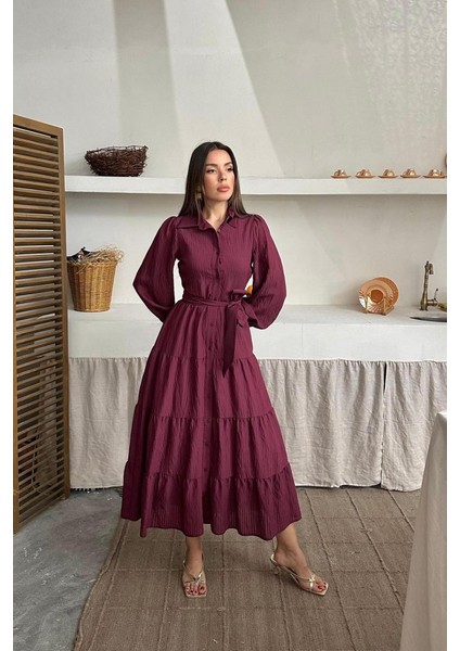 Bordo Çizgi Desenli Uzun Elbise