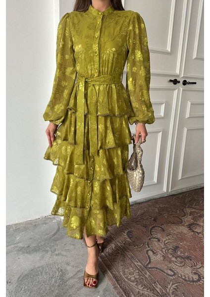 Yağ Yeşili Valonlu Şeritli Kat Kat Elbise fırsatları