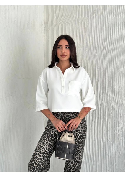 Crop Yakalı Gömlek Üç Çeyrek Sleeve Kol - Beyaz