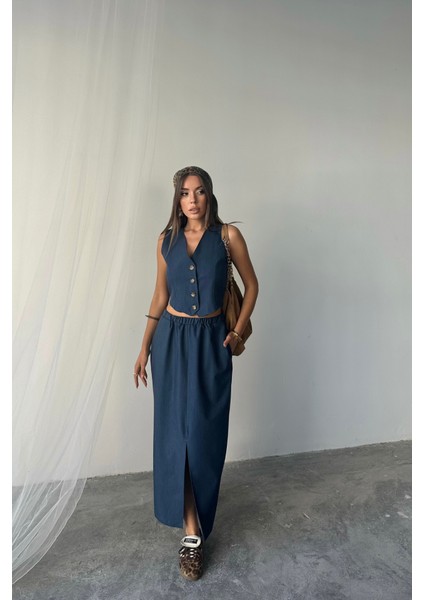 Tencel Yelek - Yırtmaçlı Etek Takım - Indigo