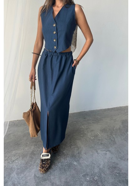 Tencel Yelek - Yırtmaçlı Etek Takım - Indigo