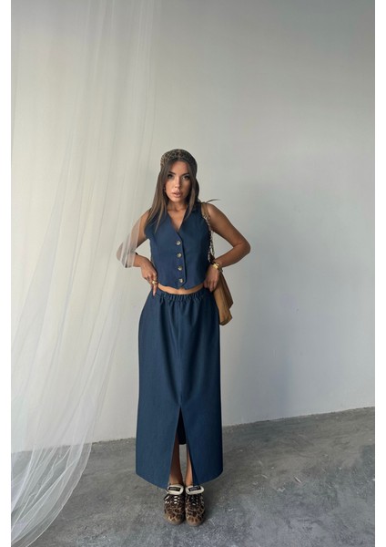 Tencel Yelek - Yırtmaçlı Etek Takım - Indigo