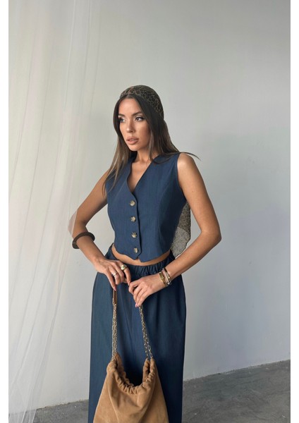 Tencel Yelek - Yırtmaçlı Etek Takım - Indigo