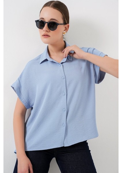 Oversize Kısa Kol Gömlek 20322 - Mavi