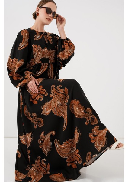 Balon Kol Uzun Tesettür Elbise 2464 - M. Taba