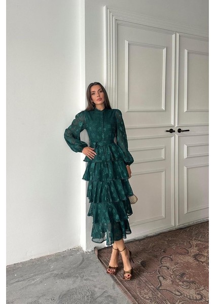 Miracotton Zümrüt Valonlu Şeritli Kat Kat Elbise fiyatları