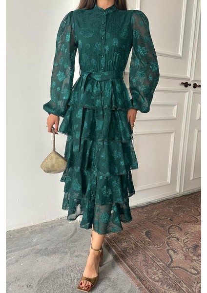 Miracotton Zümrüt Valonlu Şeritli Kat Kat Elbise modelleri