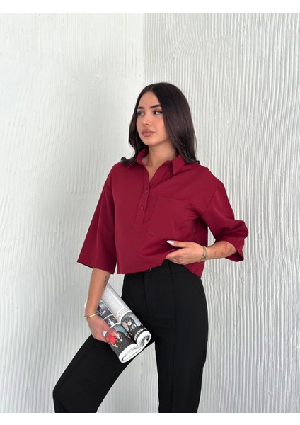 Crop Yakalı Gömlek Üç Çeyrek Sleeve Kol - Bordo
